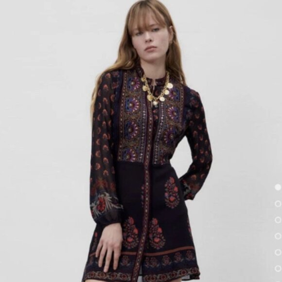 Zara Dresses & Skirts - ZARA WOMAN SHORT LONG SLEEVES EMBROIDERED BIB FRONT DRESS MAROON  brand new